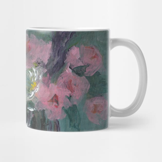 Pink Roses Daisies and Lavender in Glass Vase by Jaana Day